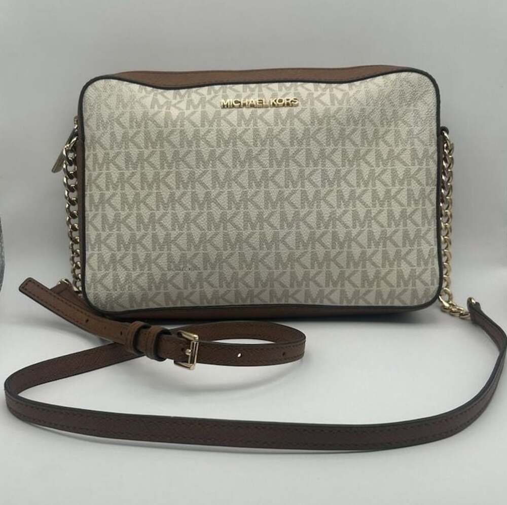 Michael Kors🔥Jet Set MK Signature Vanilla / Brown EAST WEST Crossbody Bag/EUC💥